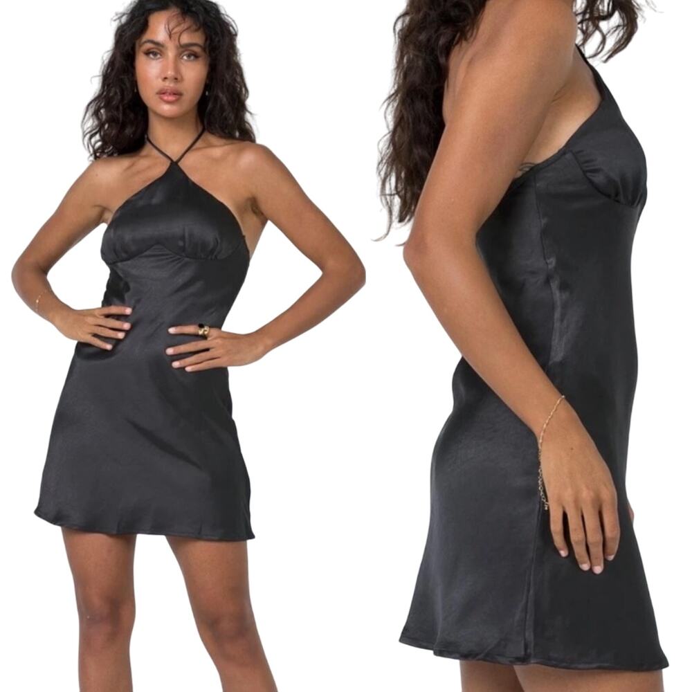 Princess Polly Mini Dress Halter Tie Y Neck Open Back Sleeveless Black Womens 2